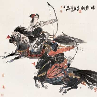 冯远 壬申（1992年）作 骑射图 立轴